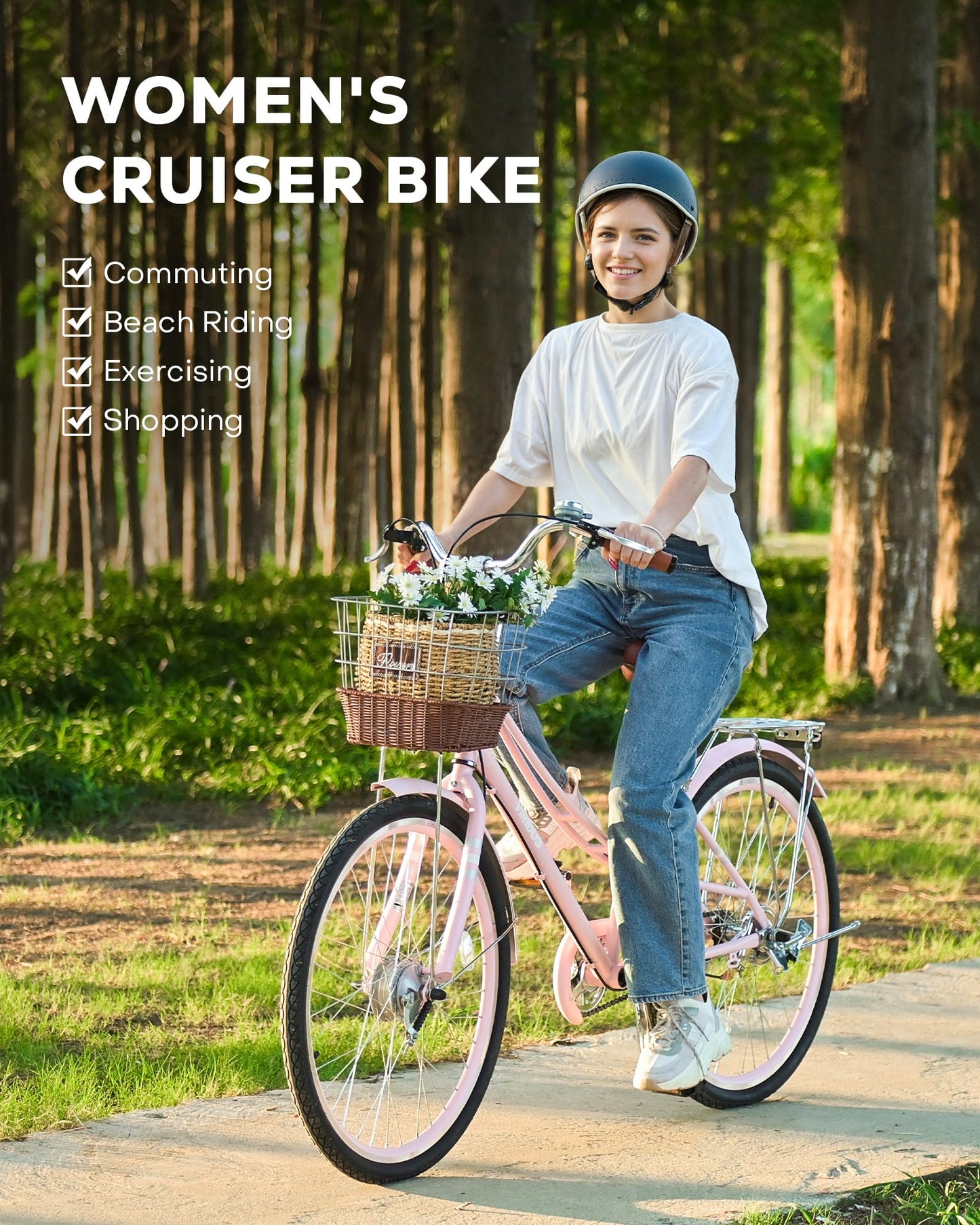 Viribus Beach Cruiser Bike for Women, Step Through Bike with Ratten Basket, Rack & Lock, 24 inch 1 Speed, City Commuter Cruiser Bike, Adult Bicycle for Short Ladies Female Seniors 330 lb. Pink
