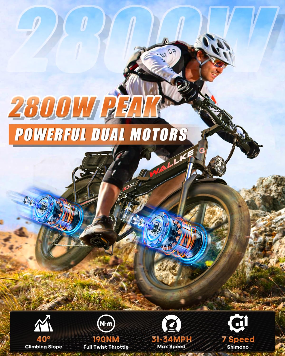 W Wallke Actual 2800W Dual Motor Folding Mountain Electric Bike, 48V 44Ah Battery 170 Mile,26" Fat Tire 35MPH Fast Adult Ebike, Full Suspension Hydraulic Brake, UL2849 Certification