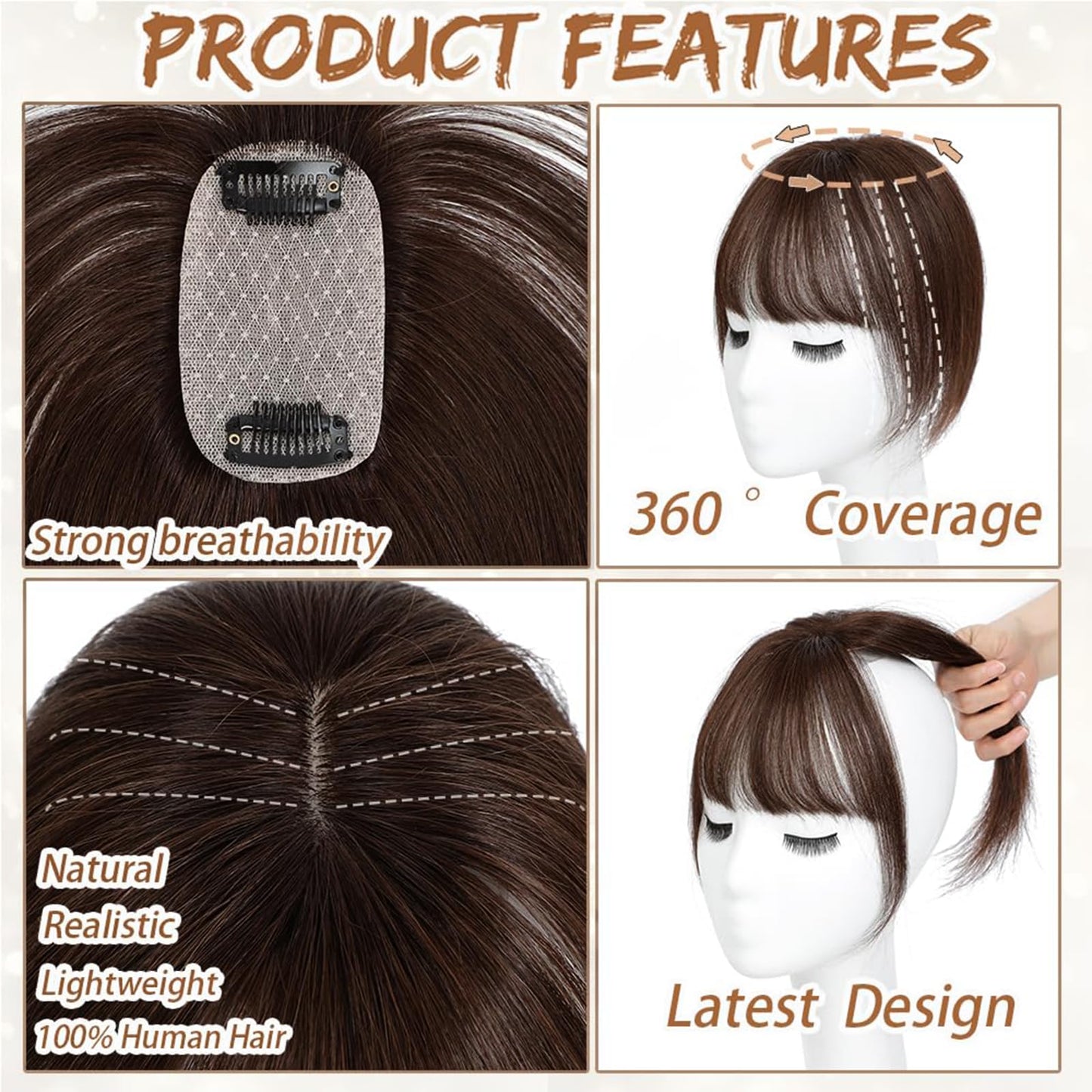 Amchoice Hair Toppers for Women Real Human Hair, Clip 360° 3D Cover, Human Toppers for Women Daily (Mocha Brown, 3D Wispy Bangs (5 * 9))