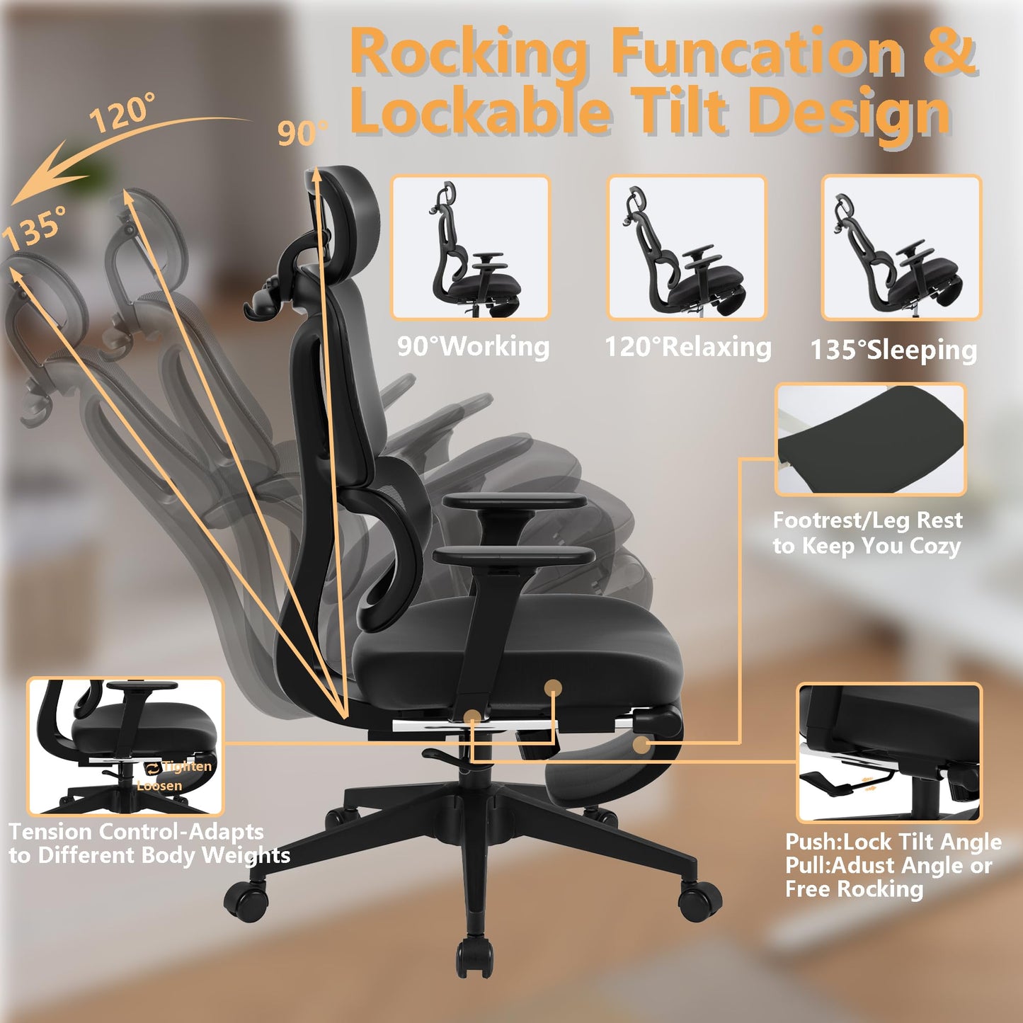 FLEXISPOT ErgoX-S Big and Tall Mesh Office Chair, Computer Desk Chair Adjustable Swivel Chair with Footrest Lumbar Support Headrest and 360°Rotation for Home Office,Mesh