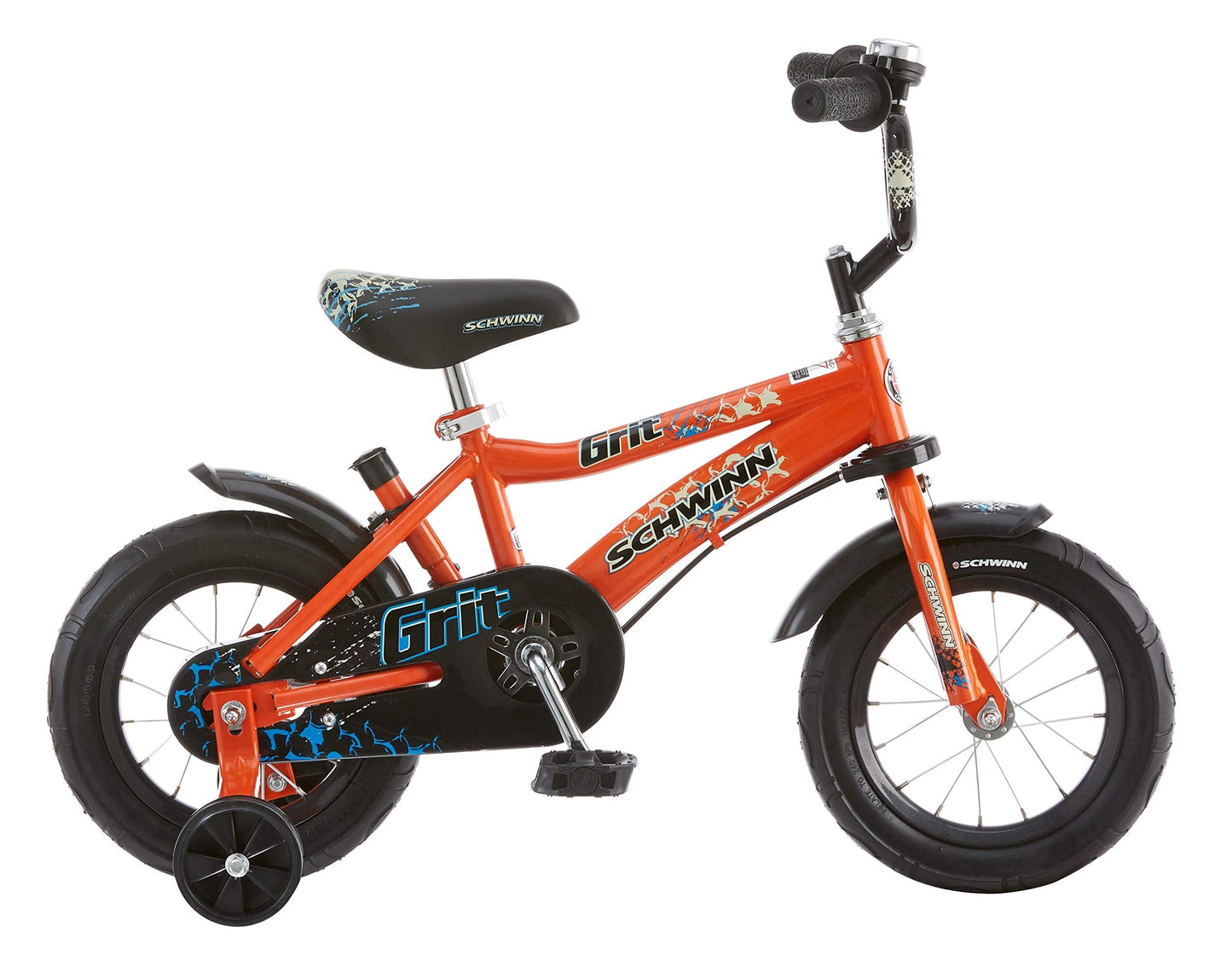 Schwinn Grit Push Steer and Ride Kids Bike, Boys Beginner Bicycle, 12-Inch Wheels, with Training Wheels, Parent Push Handle, Water Bottle and Holder, Orange/Black