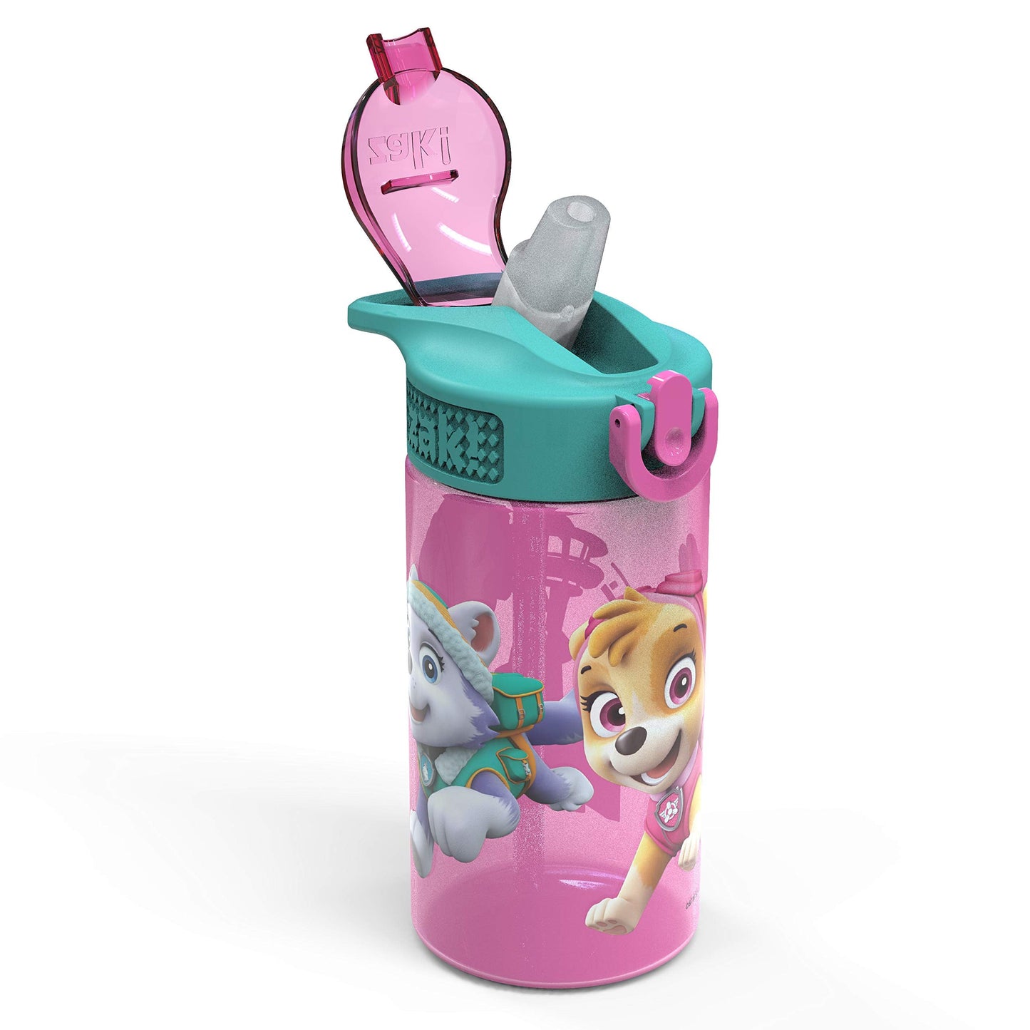 Zak Designs Kids Durable Plastic Spout Cover and Built-in Carrying Loop, Leak-Proof Water Design for Travel, (16oz, 2pc Set), Paw Patrol Skye Bottle 2pk