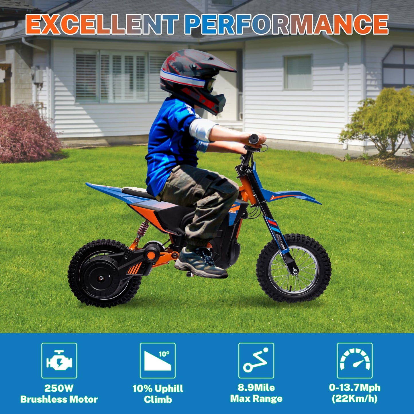 ENYOPRO 24V Electric Dirt Bike for Kids, 250W Kids Electric Motorcycle w/12.6" Air-Filled Tires, Disc Brake, Spring Suspension, Max 13.7 MPH & 8.9 Miles Long-Range, for Kid Ages 13+ (Blue & Orange)