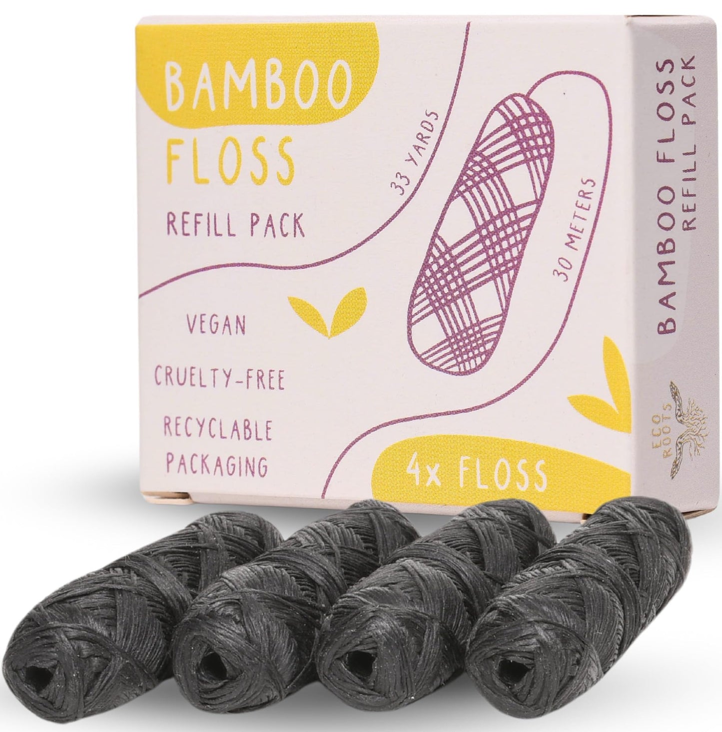 Natural Bamboo Dental Floss: 1 Refillable Glass Container + 3 Biodegradable Bamboo Floss Refill (33 Yards Each), Eco-Friendly, Vegan, Non-Toxic Natural Floss - Refillable Zero Waste Black Thick Floss