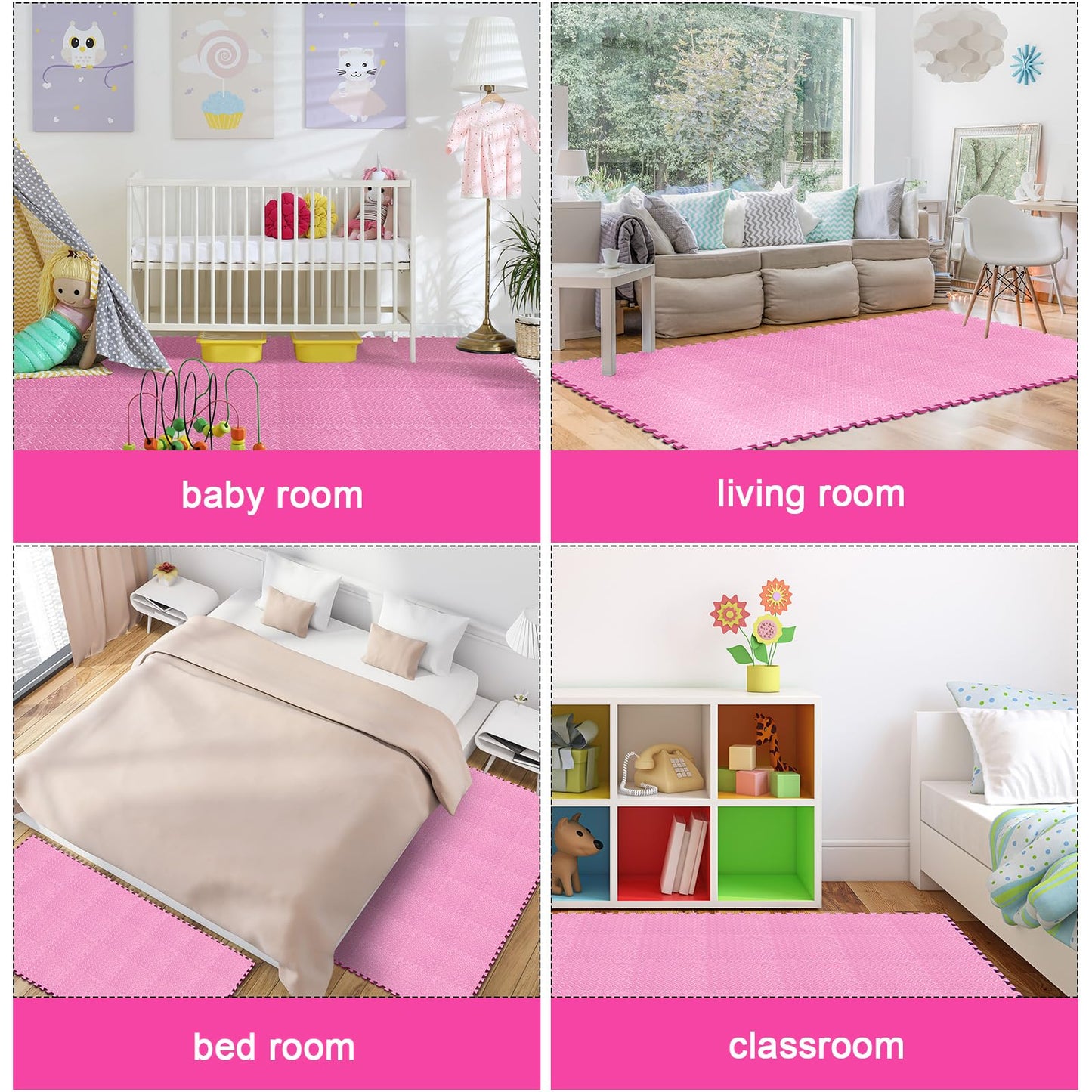 Shihanee Foam Floor Baby Tiles Foam Floor Mats Play Mats Bulk with Borders Interlocking for Kids Baby Playroom Nursery Gym (Light Pink,16ft)