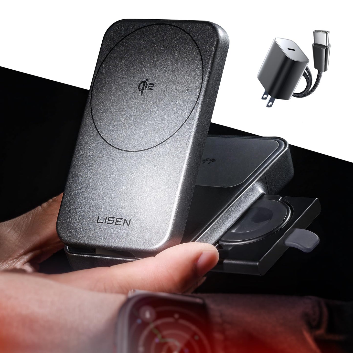 LISEN 3-in-1 Charging Station for iPhone 16 Fast Charger 15W Qi2 Certified Foldable Magsafe Charger Stand for Apple Multiple Devices,Wireless Nightstand for iPhone, AirPods,Apple Watch,Travel Charger