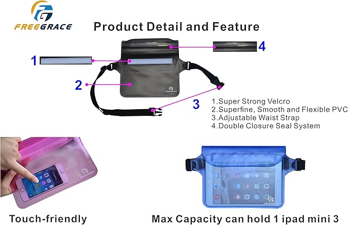 Waterproof Pouches with Waist Strap / Pouch Case Bundle Set- Keep Your Phone & Valuables Dry and Safe - Waterproof Dry Bags for Boating Swimming Snorkeling Kayaking Beach Water Parks Pool