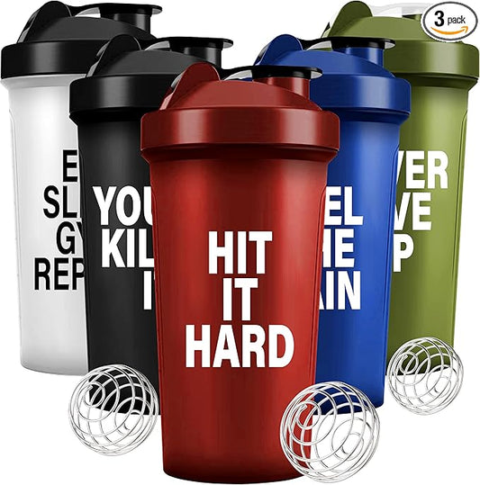 Shaker Bottles for Protein Shakes 24oz, Plastic Bottle for Pre and Post Workout, Protein Shaker Bottle with Wire Whisk Ball, Shaker Cup, Dishwasher Safe (FEEL THE PAIN, BLACK)