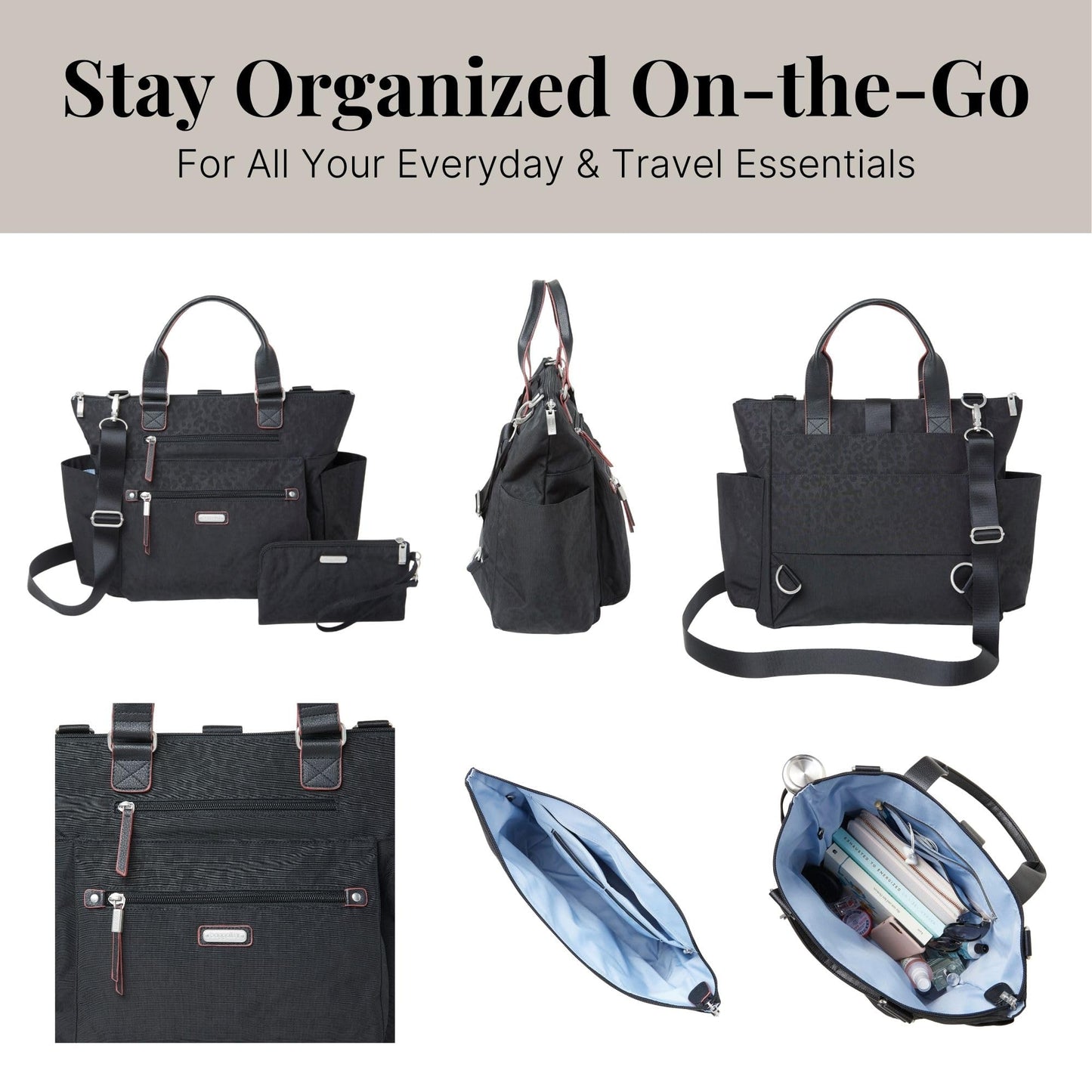 Baggallini womens 3-in-1 Convertible Backpack with RFID phone wristlet, Black Cheetah Emboss, One Size US