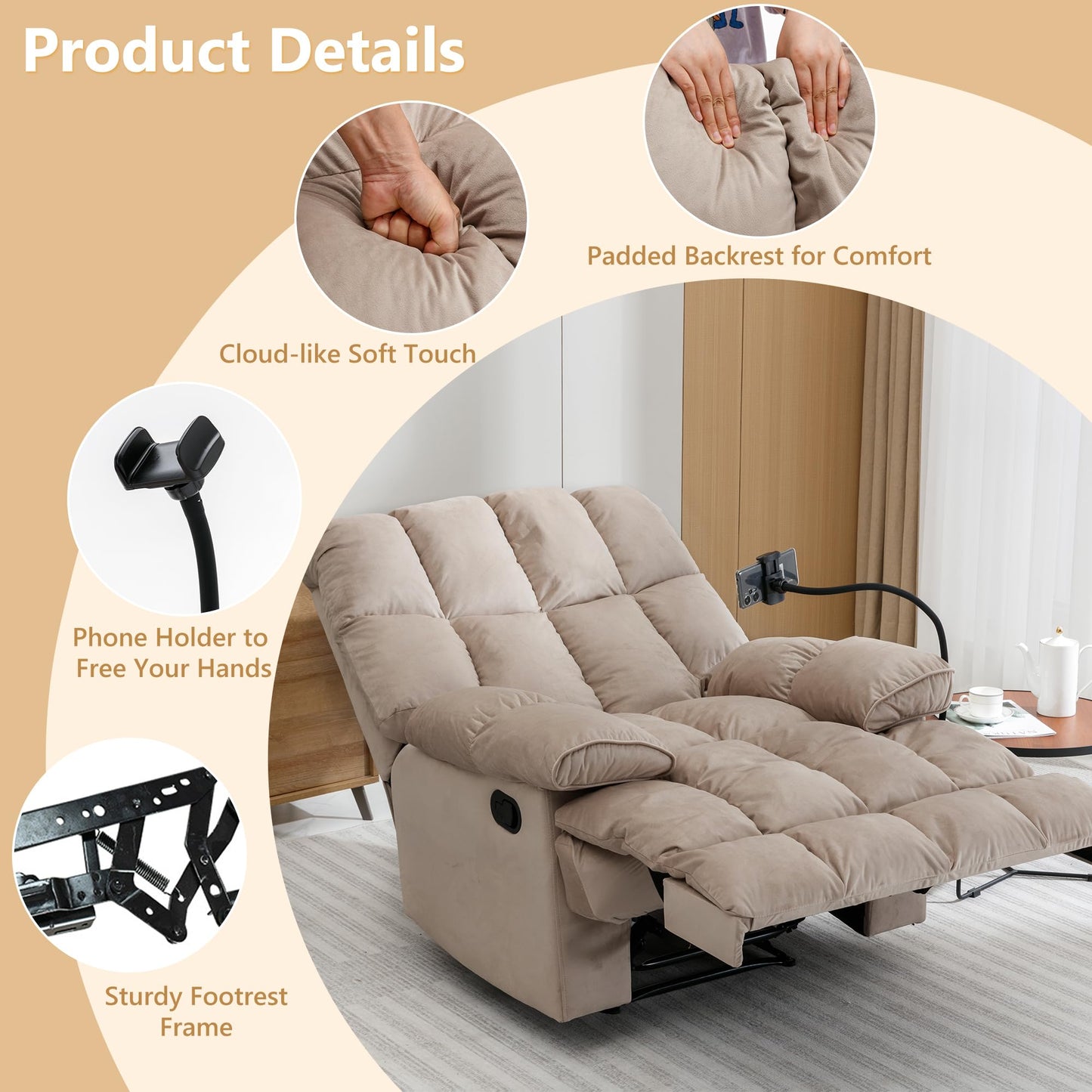 hzlagm Oversized Recliner Chairs for Adults 400LBS, Extra Wide Recliner, Manual Recliner Chair with Overstuffed Armrest and Backrest, Velvet Big and Tall Recliners for Living Room, Beige