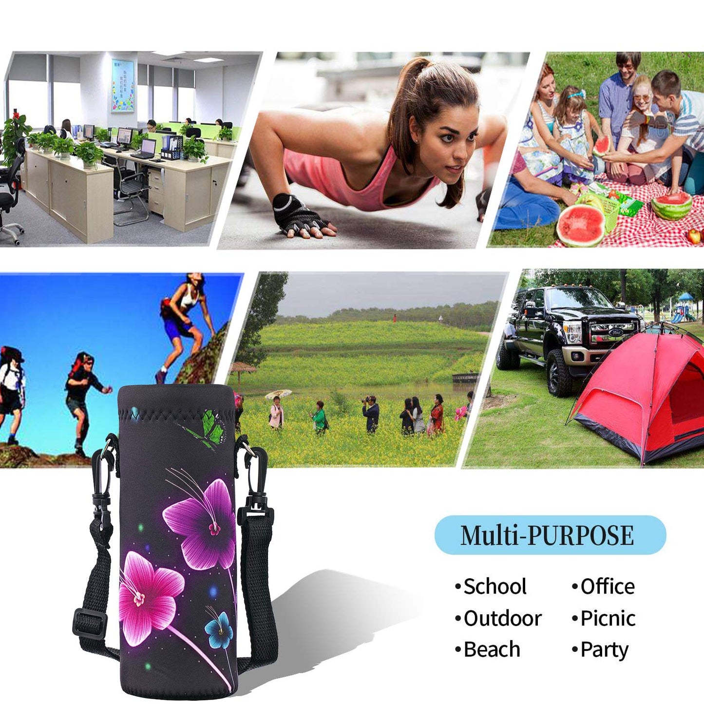 RICHEN Neoprene Water Bottle Carrier Bag with Adjustable Shoulder Strap,Insulated Water Bottle Cover for 500ml/16oz Stainless Steel/Glass/Plastic Bottles (Colorful Flowers,500ML)