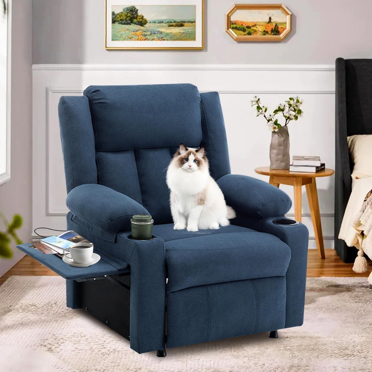 Andeworld Power Recliner Chair,Reclining Sofa Chair with Heat and Massage for Adults, Upholstered Heating Point Theater Seating Single Sofa with Side Pockets Sidetable for Living Room, Blue