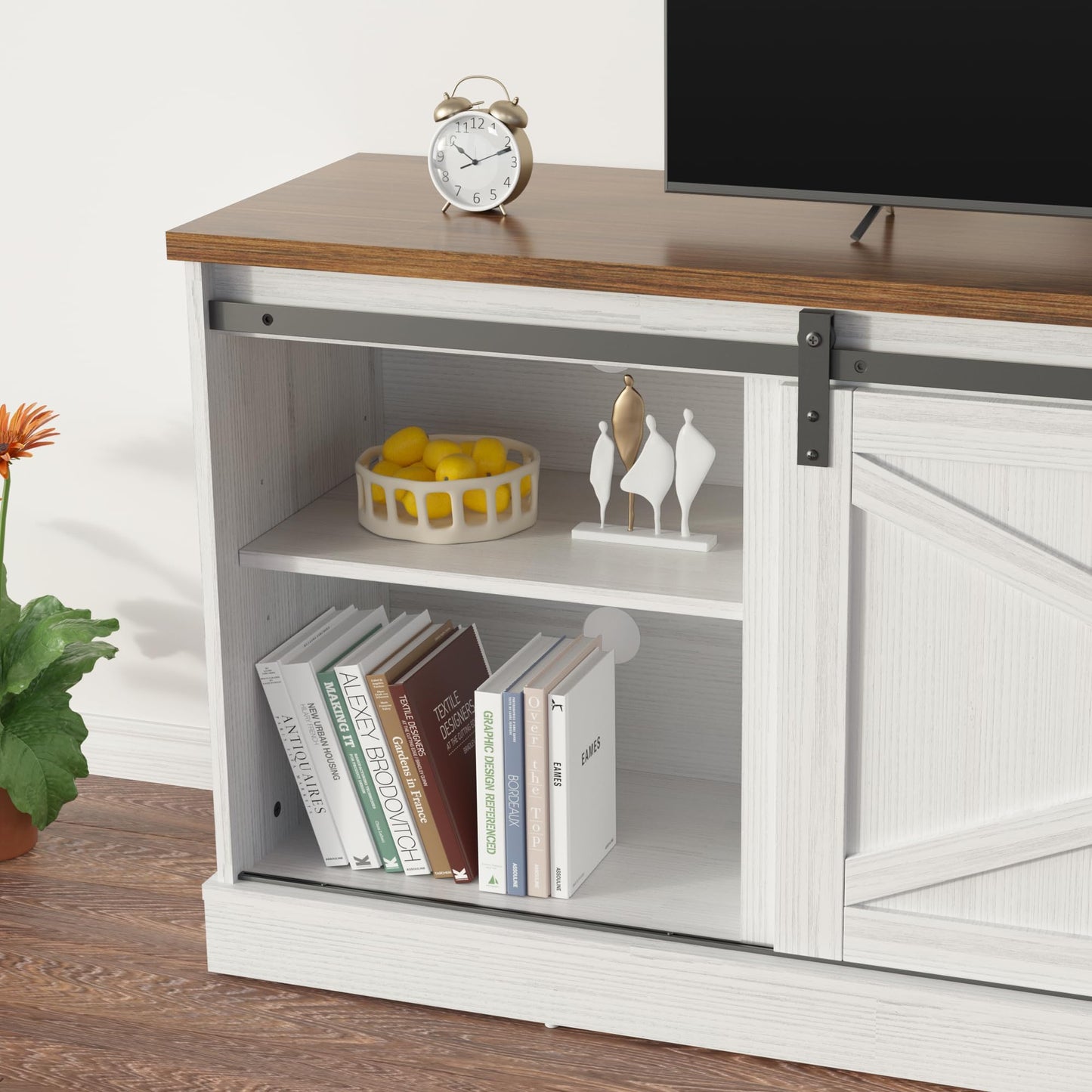 ALAULM Farmhouse TV Stand up to 70/80" TV, Entertainment Center w/Sliding Barn Doors & Storage Cabinets,67" Rustic TV Console with Adjustable Shelf for Living Room,White