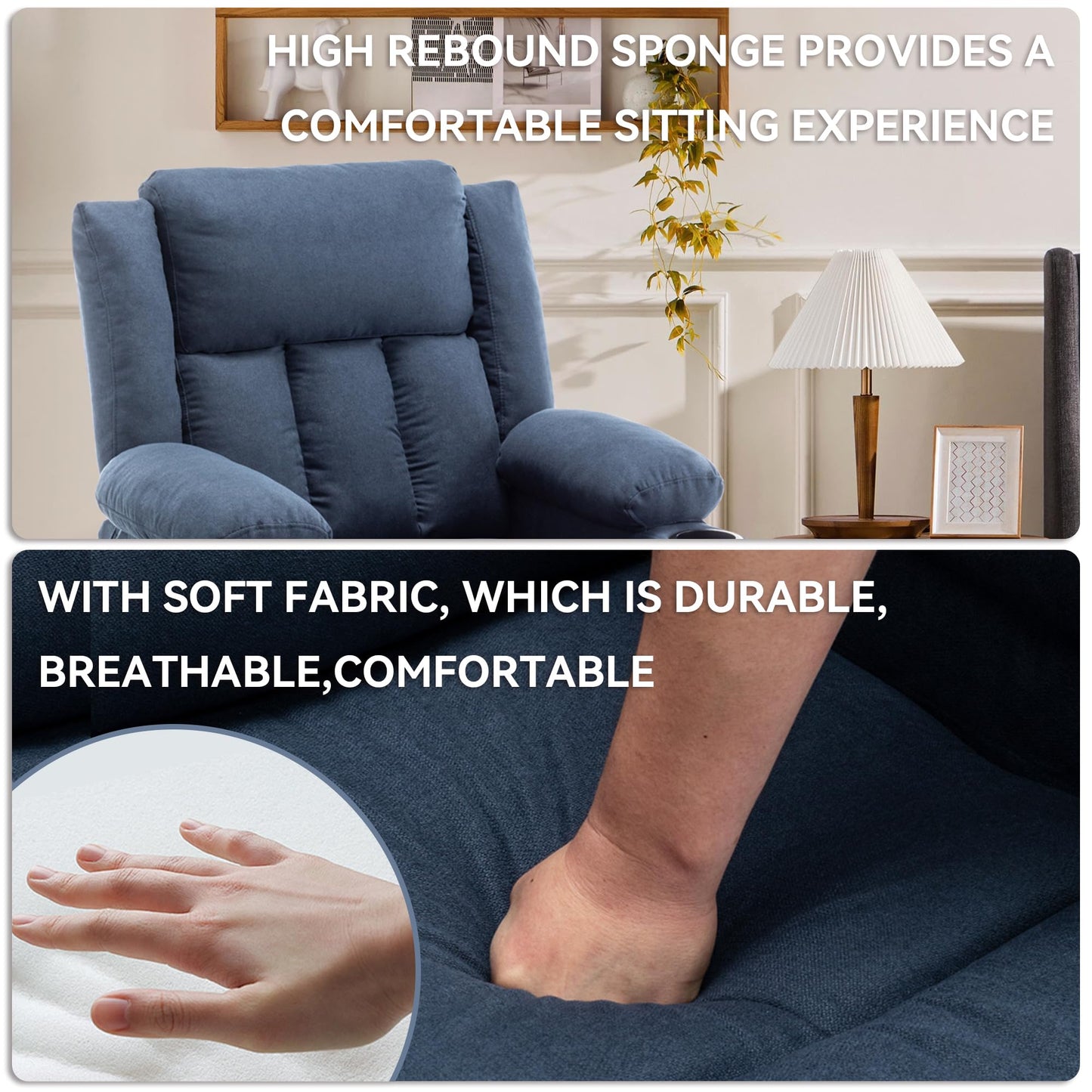 Andeworld Power Recliner Chair,Reclining Sofa Chair with Heat and Massage for Adults, Upholstered Heating Point Theater Seating Single Sofa with Side Pockets Sidetable for Living Room, Blue