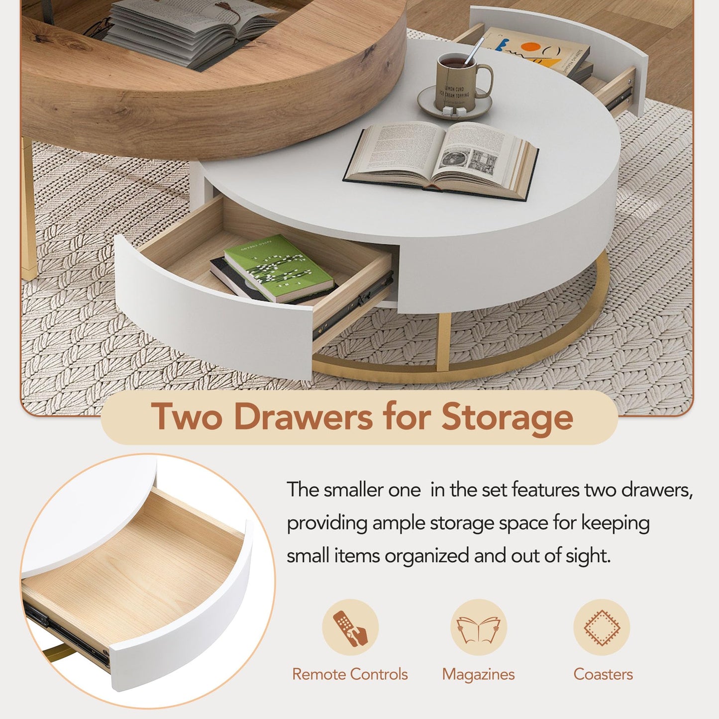 HanStrong Round Lift-Top Nesting Coffee Table Set of 2, Modern Coffee Table with 2 Storage Drawers, Circular Wood Center Table Set for Living Room, Apartment, White & Oak