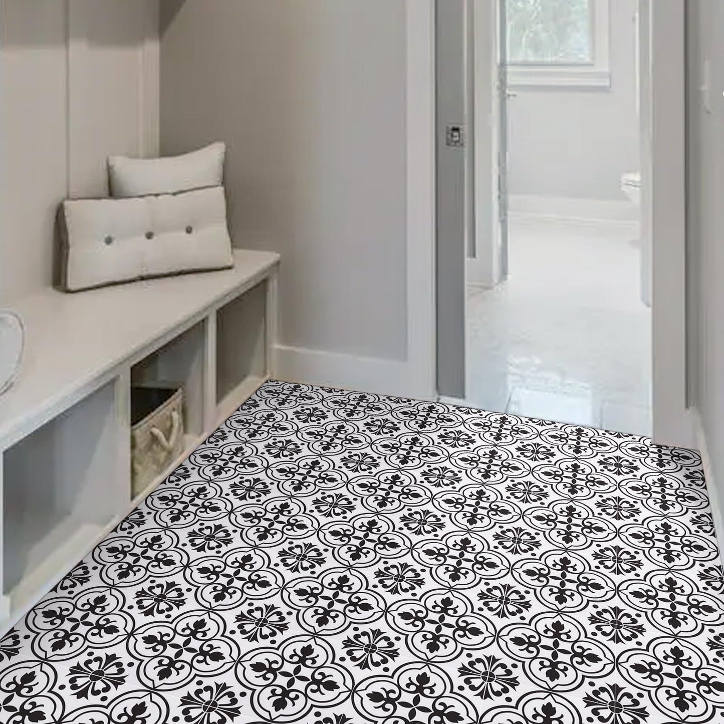 Alow Peel and Stick Floor Tile Waterproof, 20PCS Black and White Flower Floor Tile Easy to Paste, Vinyl Flooring for Bedroom, Living Room Kitchen and More（11.8Inx11.8In