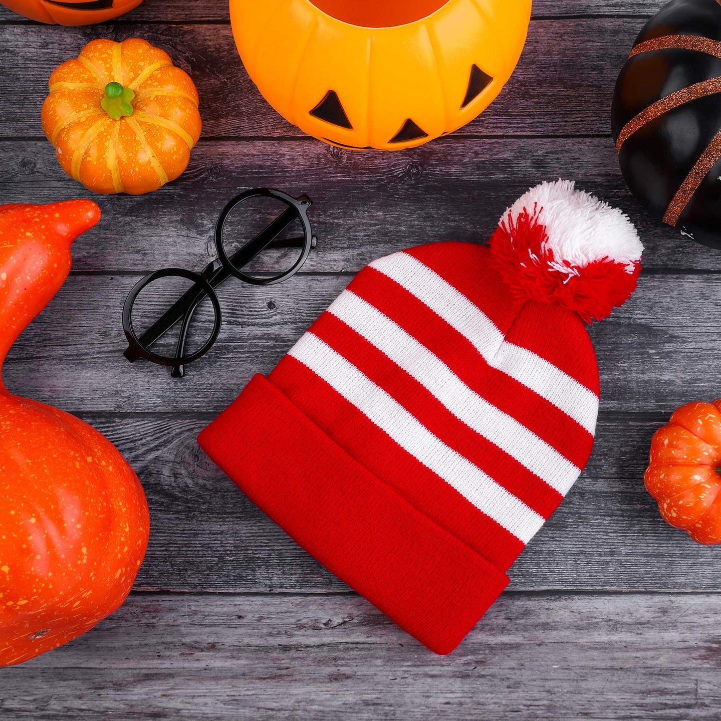 Aneco Halloween Red White Knit Beanie with Pompoms Nerd Costumes Glasses for Men and Women