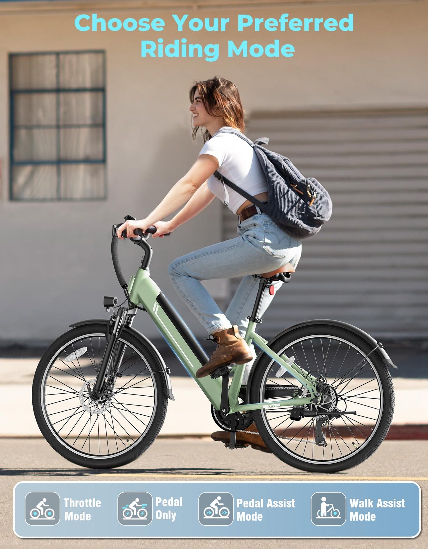 Jasion YC1 ST 26" Electric Bike, 750W Peak Motor, Step-Through Ebike for Adults, 360WH Removable Battery, Up to 40miles, Max 23MPH Urban Commuter E-Bike, 7 Speeds & Front Suspension