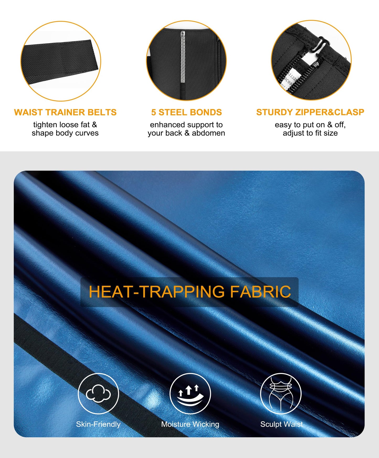 SCARBORO Waist Trainer for Women Belly Fat Sauna Sweat Waist Trimmer Corset for Stomach Wrap Workout Belt Shaper Band Zipper (Black-blue inner, Small)