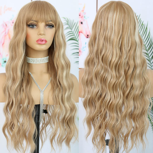 ANDRIA Blonde Wig Brown with Blonde Stripe Highlight Long Loose Curly Wavy Wig with Bangs Synthetic Heat Resistant Fiber Hair Colorful Wigs for White Women（Brown with Blonde Stripe Highlight）