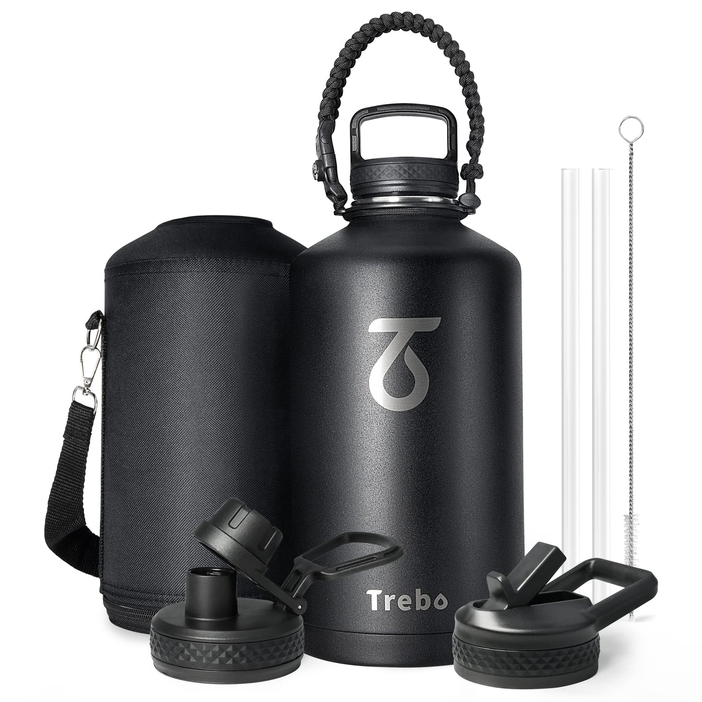 Trebo One Gallon Water Bottle Insulated with Paracord Handle,128oz Food-grade Double Wall Vacuum Stainless Steel Insulated Jug with Straw Spout Handle Lids, Leakproof Keep Cold & Hot,Black