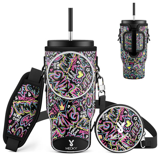 Meoky Water Bottle Carrier Bag with Phone Pocket for 40 oz Tumbler with Handle, Neoprene Water Bottle Holder Pouch with Adjustable Strap, 2 Carabiner Clips (King)