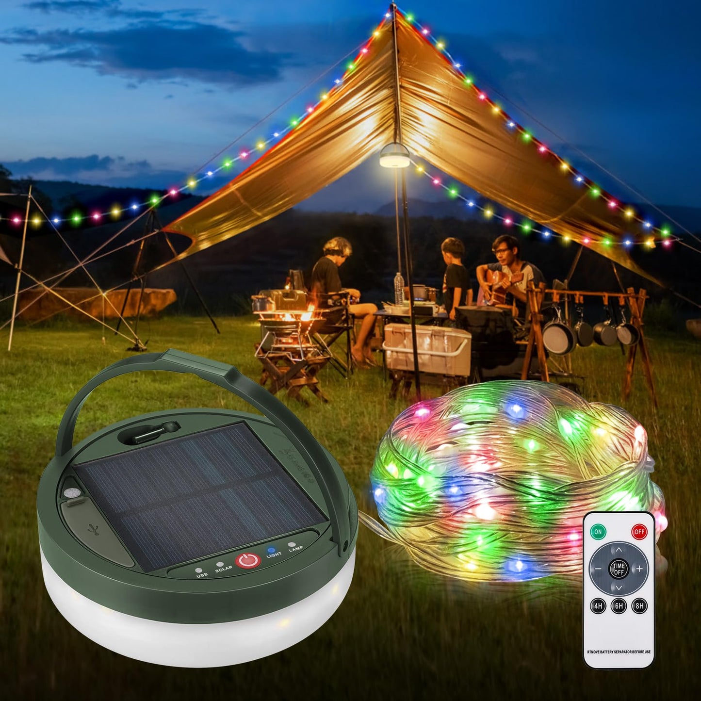 Anpro 2 in 1 Solar Camping String Lights, 39.4Ft Ultra Long String with 150LEDs, Solar Powered and USB Rechargeable Light with Remote Control,Portable Camping Light for Hiking, Decorations