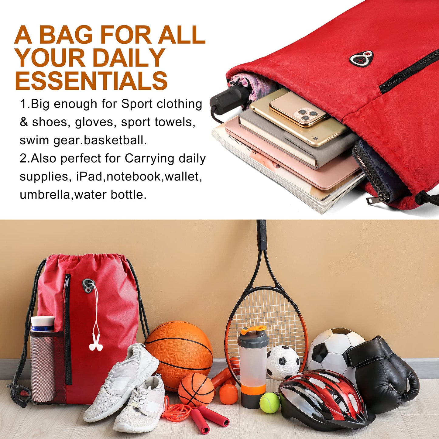 BeeGreen Red Lightweight Drawstring Backpack For Women W Water Bottle Pocket &Front Zippered Pocket Large Sports String Sackpack For Traveling Yoga Beach Outdoor Gym