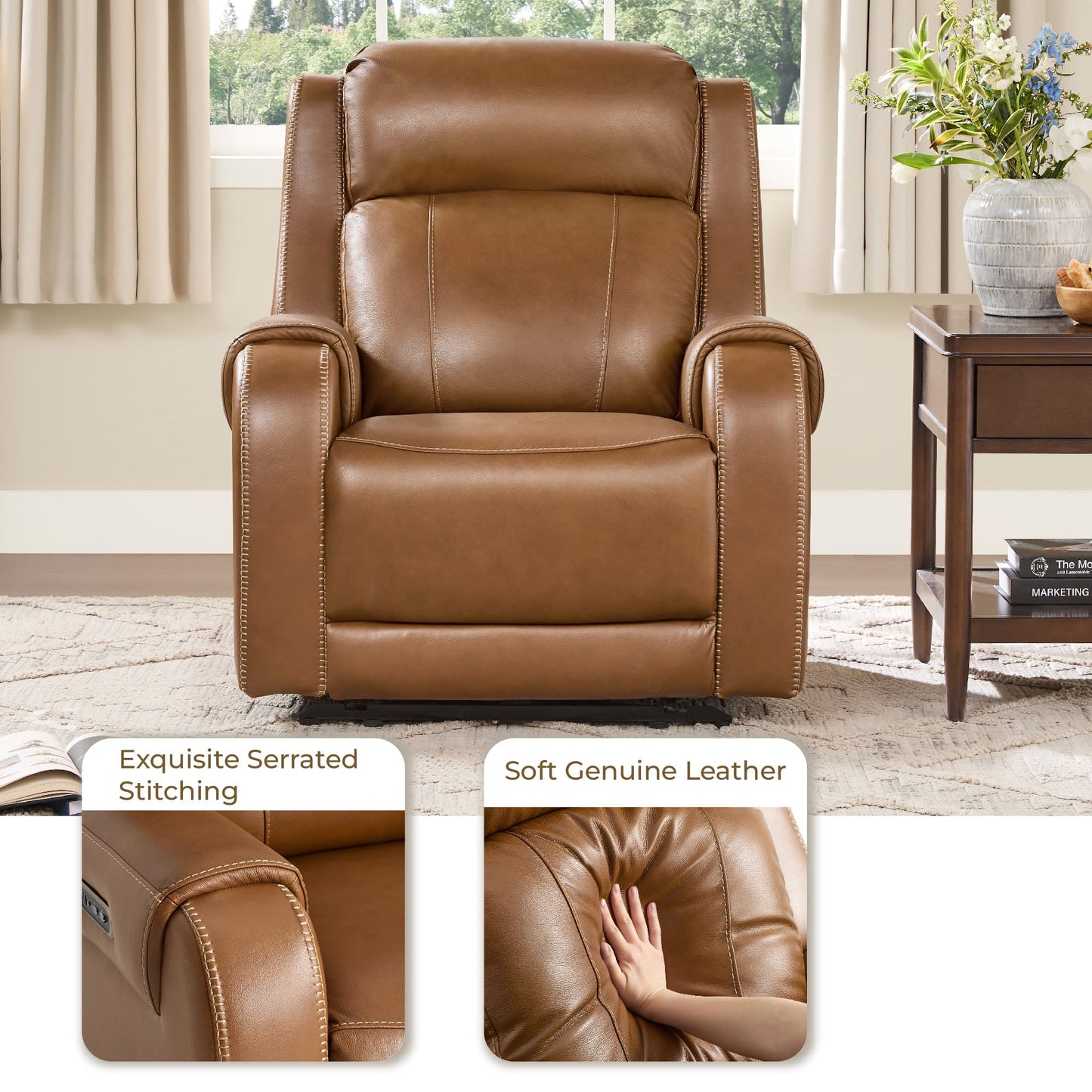 CHITA Genuine Leather Power Recliner Chair for Adults, Electric Wall Hugger Recliner with Adjustable Power Headrest & USB/Type-C Ports, Compact for Small Spaces & Living Rooms, Saddle Brown