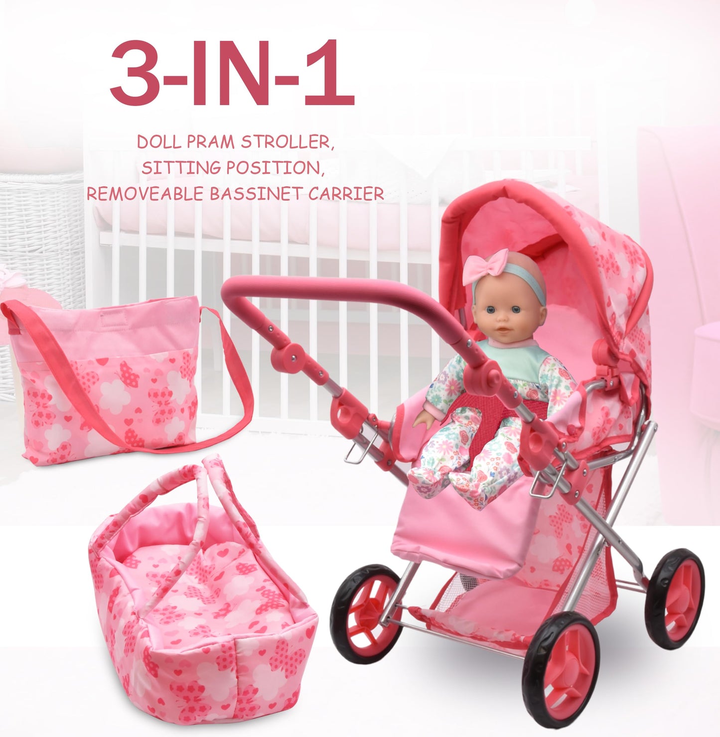 Baby Doll Convertible Pram Stroller with Removable Travel Bassinet Carrier for Kids Adjustable Handle Buggy Carriage with Canopy and Storage Basket 25 Inch Pink