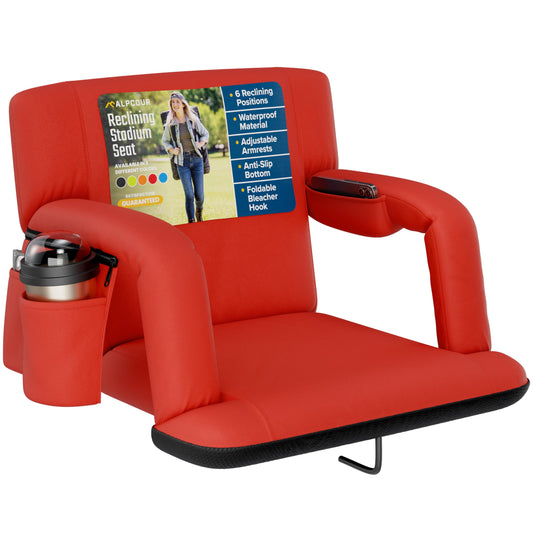 Alpcour Reclining Stadium Seat – Wide Bleacher Chair with Back Support and Cushion, Armrests, Side Pockets, and Bleachers Hook – Best Stadium Seats Chairs for Camping, Kayak, & Paddle Board Backs