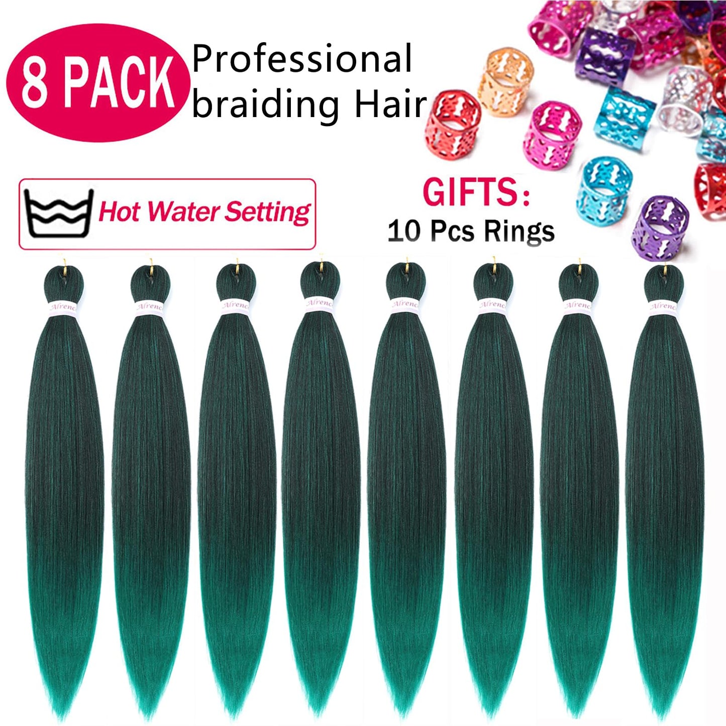 Alrence Pre Stretched Braiding Hair Long Braid 30 Inch 8 Packs Professional Braiding Hair Extensions Synthetic Crochet Twist Braids (30 Inch, 1B/Green)
