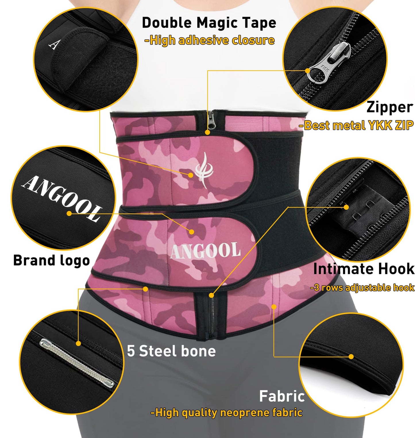 ANGOOL Neopren Waist Trainer For Women,Workout Plus Size Trimmer Belt Sauna Sweat Corset Cincher With Zipper S Pink Camo