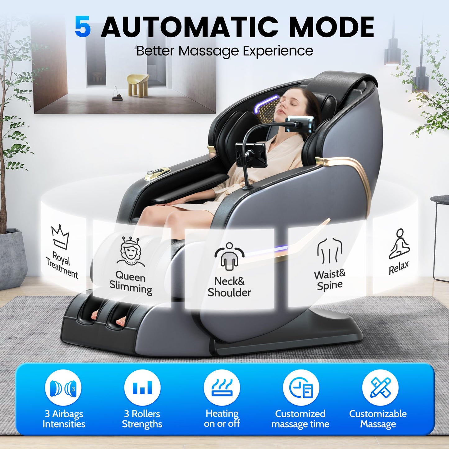 Massage Chair Full Body, 160° Zero Gravity Recliner with 57'' SL Track, Shiatsu Neck Shoulder Massager with Heating, Fix Point Massager, Airbag Massage, Foot Rollers, Bluetooth, Phone Holder, Black