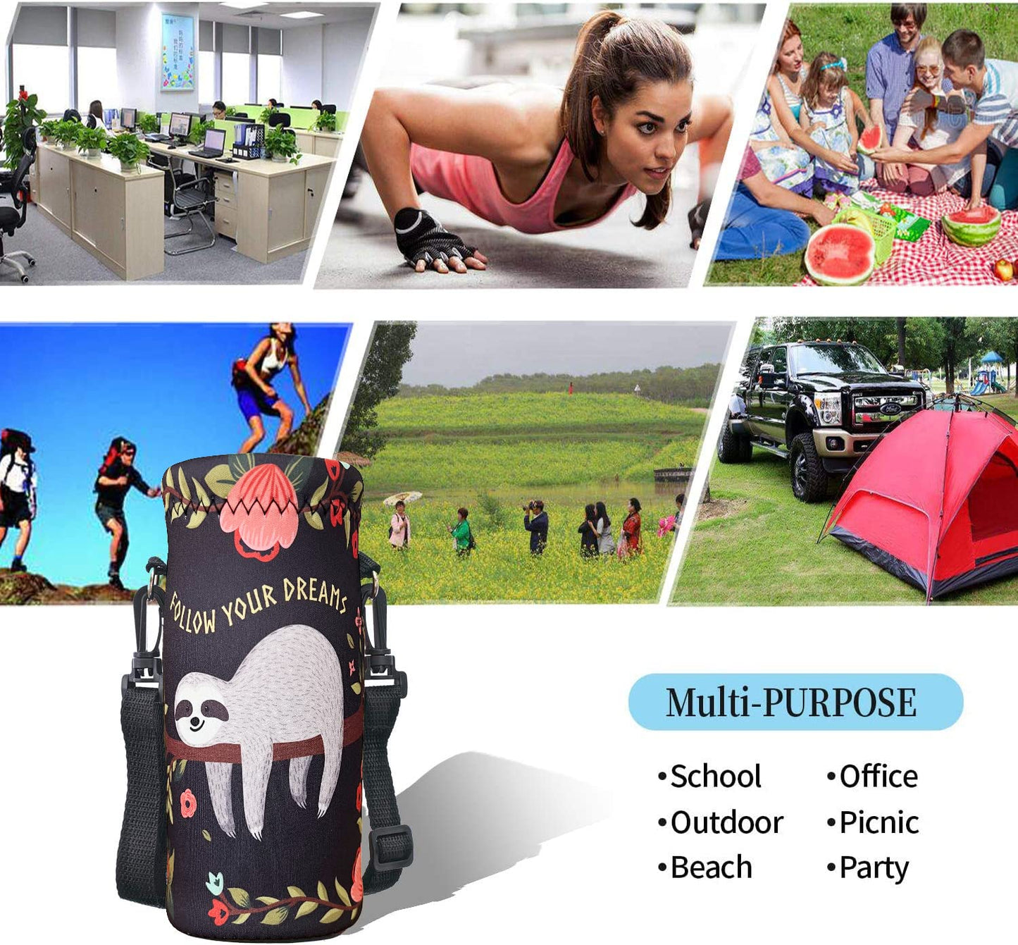 RICHEN Neoprene Water Bottle Carrier Bag with Adjustable Shoulder Strap,Insulated Water Bottle Cover for 500ml/16oz Stainless Steel/Glass/Plastic Bottles (Sloth,500ML)