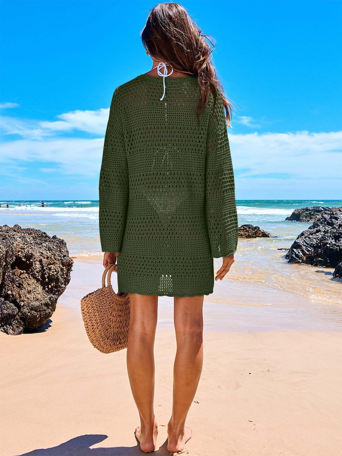 ANRABESS Women Swimsuit Crochet Swim Cover Up 2024 Summer Bathing Suit Swimwear Mesh Knit Beach Dress Vacation Outfits Army Green Small