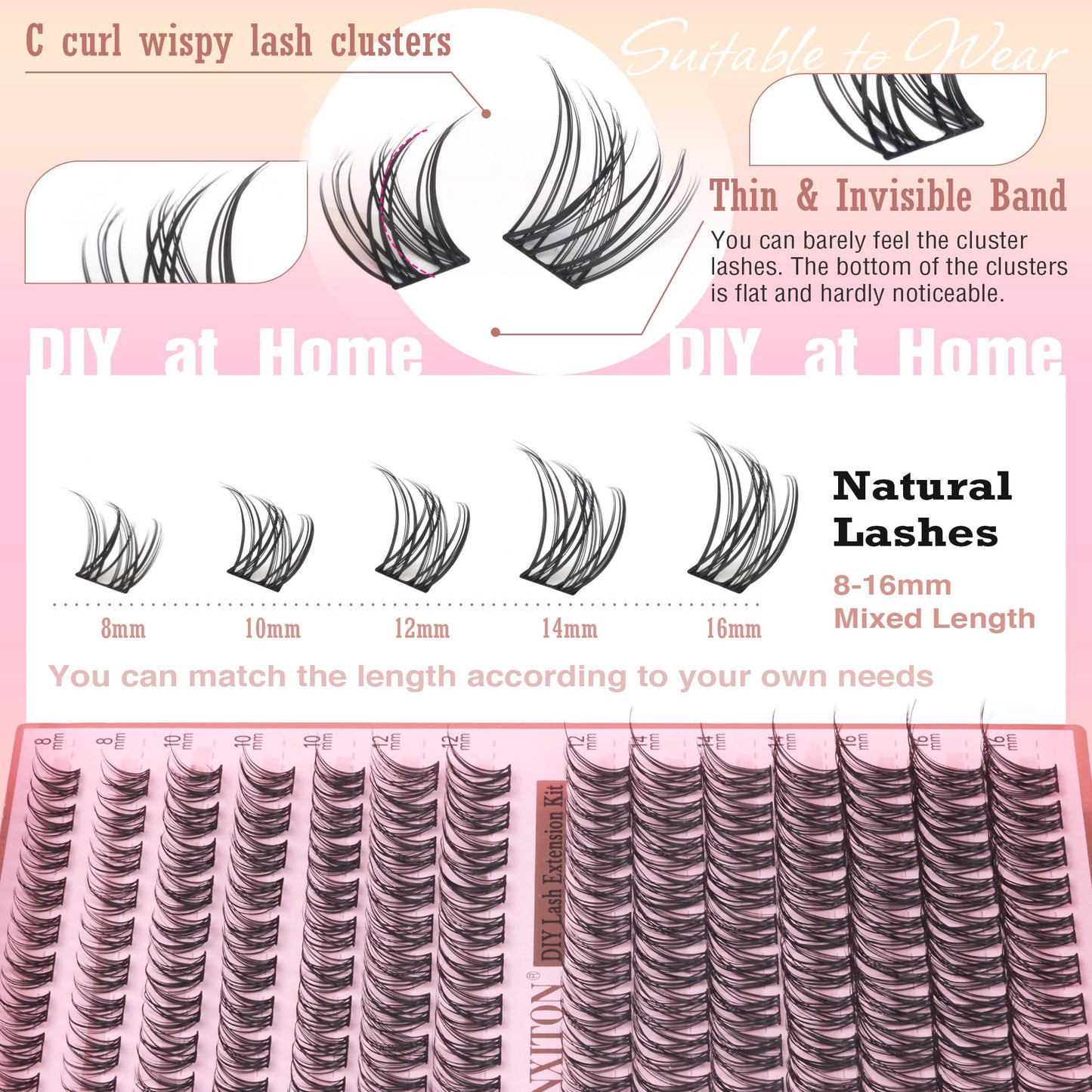 Natural Lash Extension Kit 8-16mm Lash Clusters Wispy Eyelash Clusters Waterproof Lash Clusters C Curl Cluster 144pcs with Bond and Seal Lash Glue and Eyelash Extension Tweezers DIY at Home