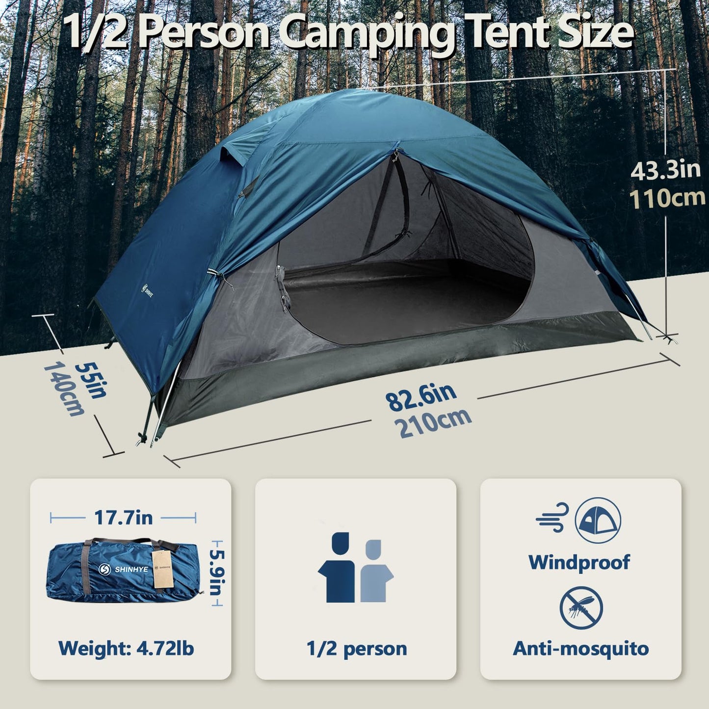 Backpacking Tent for Camping 2/3/4 Person Hiking Ultralight Tent for Waterproof Windproof Outdoor Two Doors Tents Easy Quick Setup Lightweight Tent Instant Tent (Blue, 2 Person)