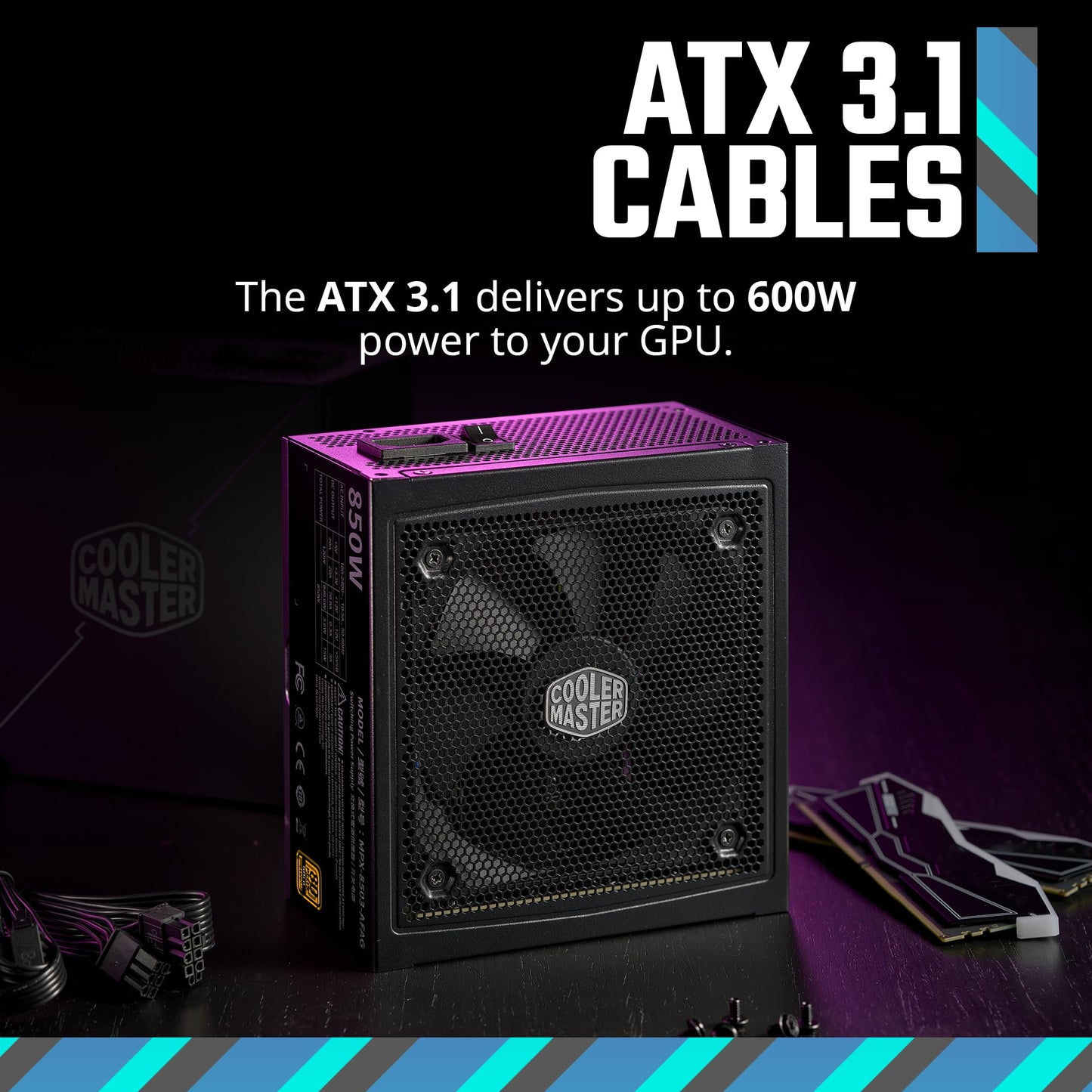 Cooler Master MWE Gold 850 V3 ATX 3.1 Full Modular PSU, 850W, 80+ Gold Efficiency, 90° 12VHPWR|600W PCIe 5.1, GPU Support RTX 4090, Zero-RPM Mode, Hexagonal Fan Cover, 10-Year
