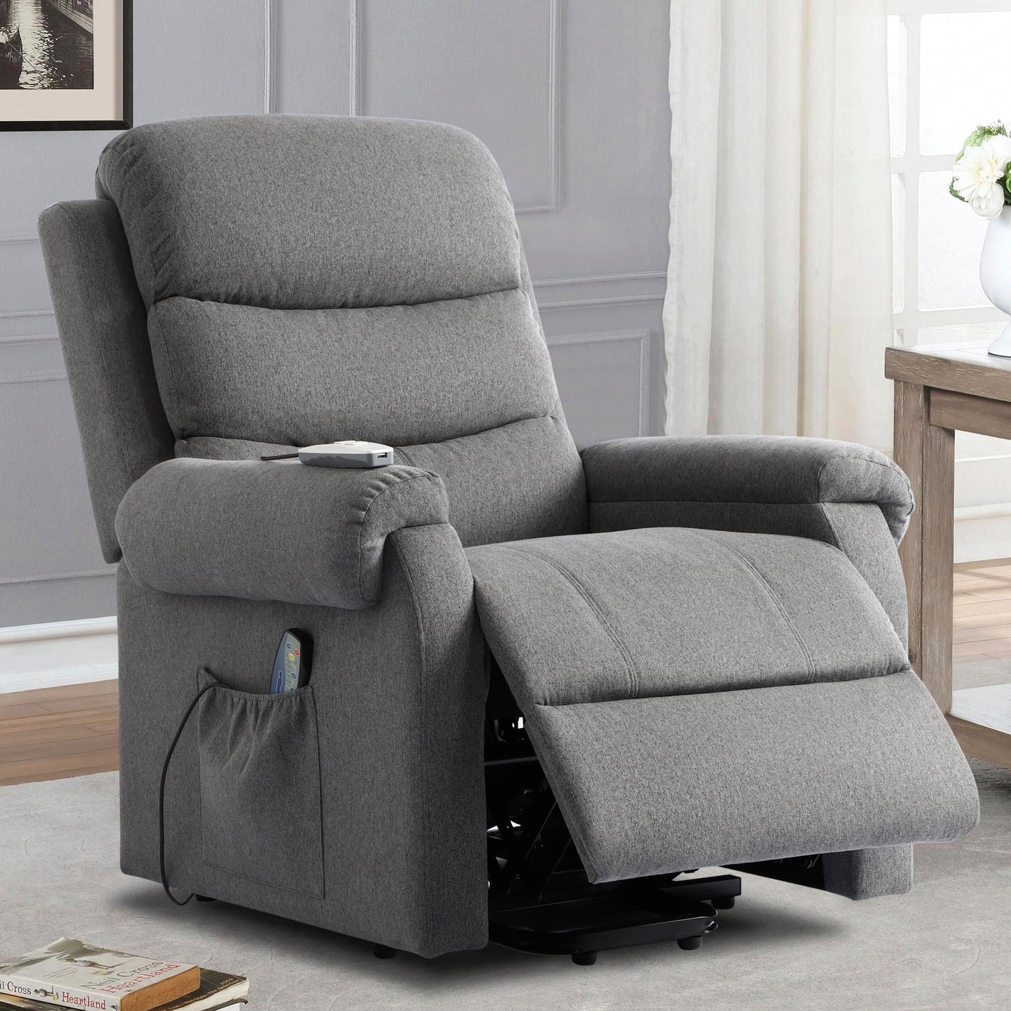 LOUVIXA Power Lift Recliner Chair Recliners for Elderly with Heat and Massage Recliner Chair for Living Room with Infinite Position and Side Pocket, USB Charge Port (Modern Grey)