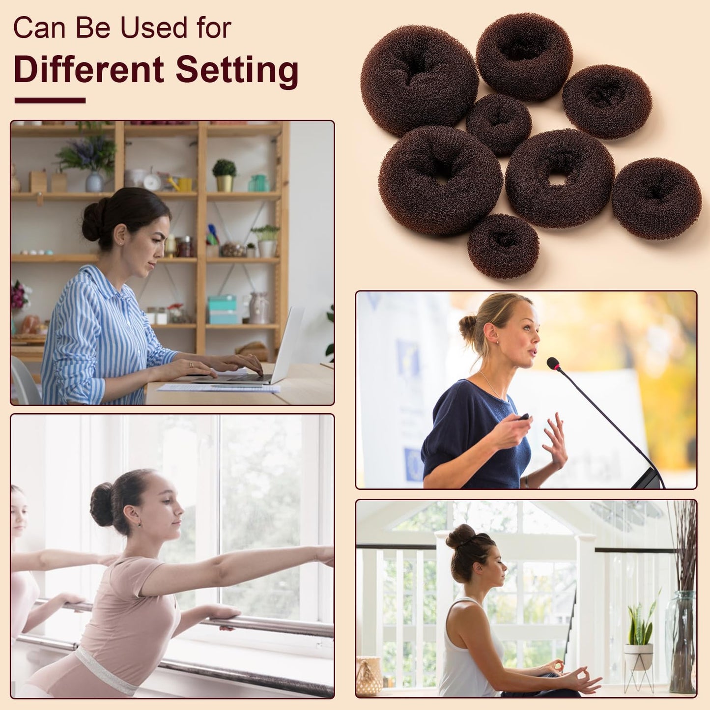 Amrules Donut Hair Bun Maker Set, 8 Pieces with 10 Black Rubber Bands and 20 Bun Bobby Pins for Ladies, Brown
