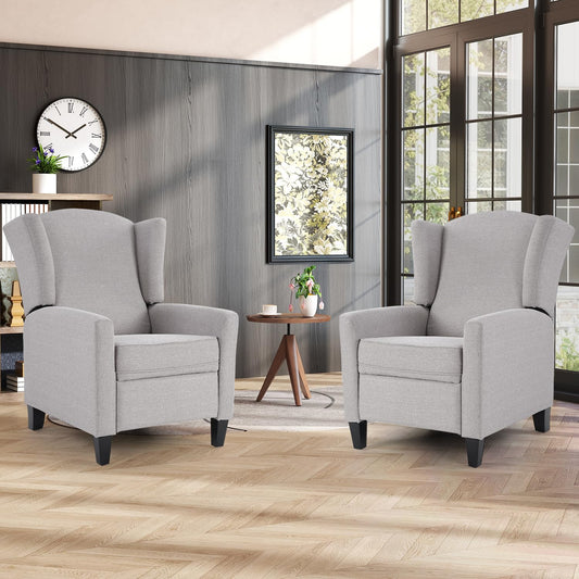 INZOY Wingback Pushback Recliner Chair Set of 2, Fabric Push Back Recliners with Padded Seat, Mid Century Modern Reclining Chair for Living Room Bedroom, Grey
