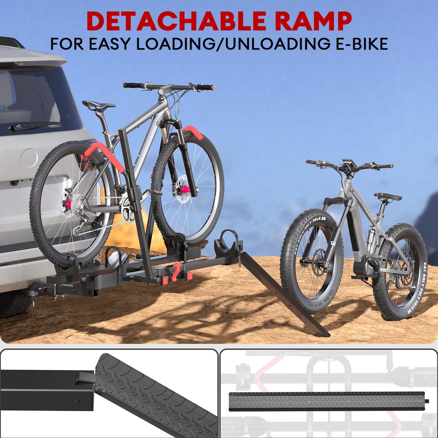 RoamEase Hitch 2 EBike Rack with Ramp, 170lbs Capacity Electric Bike Carrier Foldable for 2 Heavy Ebike, Up to 5-inch Fat Tire Bicycle, 2" Receiver for Car, SUV, RV, Truck, Black
