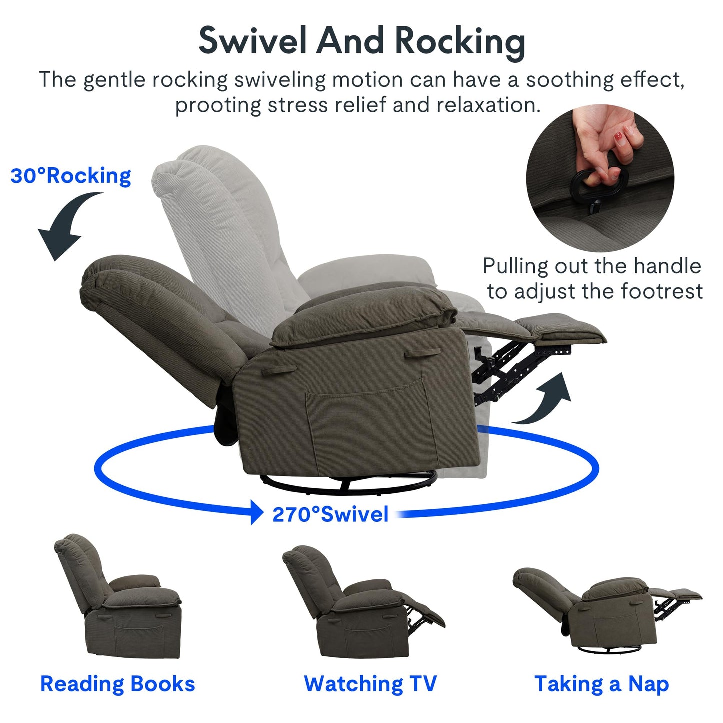 FLEXISPOT Rocker Recliner Chair for Adults - Massage Rocker Recliner Chair w/Heat & Vibration, 270° Swivel Glider Single Sofa for Living Room Bedroom, Brown (XRC2)