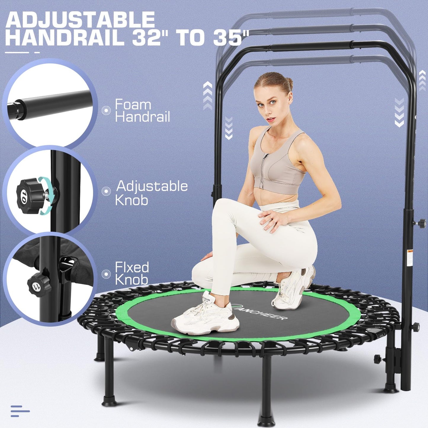 ANCHEER 40" Foldable Mini Trampoline - Max Load 350lbs - 450lbs Indoor Trampoline - with 4 Level Adjustable Foam Handle and Resistance Bands - Adult Exercise Trampoline for Home, Gym and Garden
