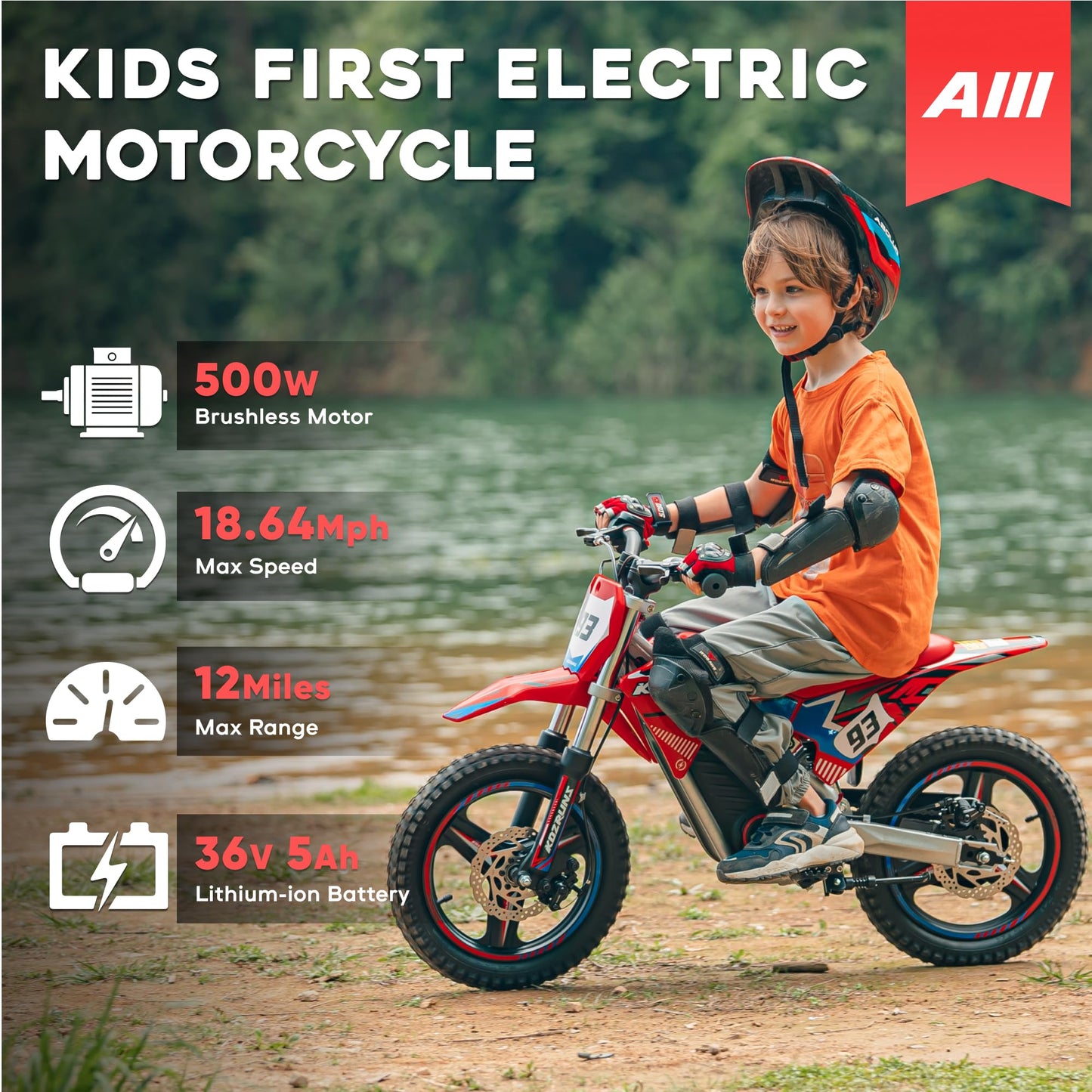 AIII 36V Electric Dirt Bike for Kids 5-10, High Performance 350W Racing Grade Motorcycle, Up to 18.6MPH, 3 Speed Settings, 14-Inch Off-Road Tires, Dual Disc Brakes & Advanced Shock Absorption, Red