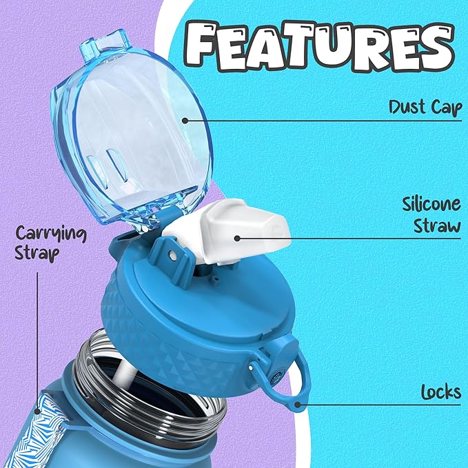 OLDLEY Kids Water Bottle for School, 17 oz (Straw Lid) BPA-Free Reusable Leak-proof Durable Tritan Plastic Water Bottles with One-handed Opening Straw Lids, Anti-dust Spout Cover (Lake)