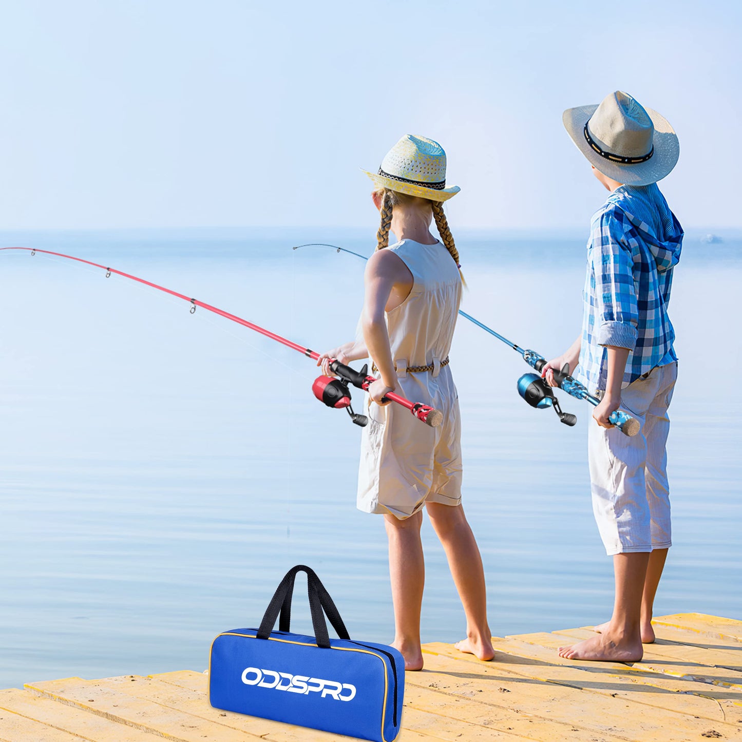 ODDSPRO Kids Fishing Pole - Kids Fishing Starter Kit - with Tackle Box, Reel, Practice Plug, Beginner's Guide and Travel Bag for Boys, Girls (2 pack (Blue+Red), 1.5M 4.92Ft)