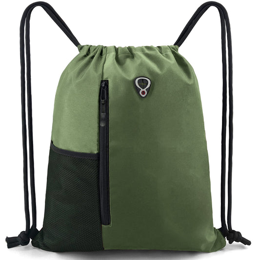 BeeGreen Green Drawstrings Backpacks Bags For Men String Backpack For Women With Water Bottle Pocket &Front Zippered Pocket Large Sackpack For Traveling Yoga Beach Outdoor Gym