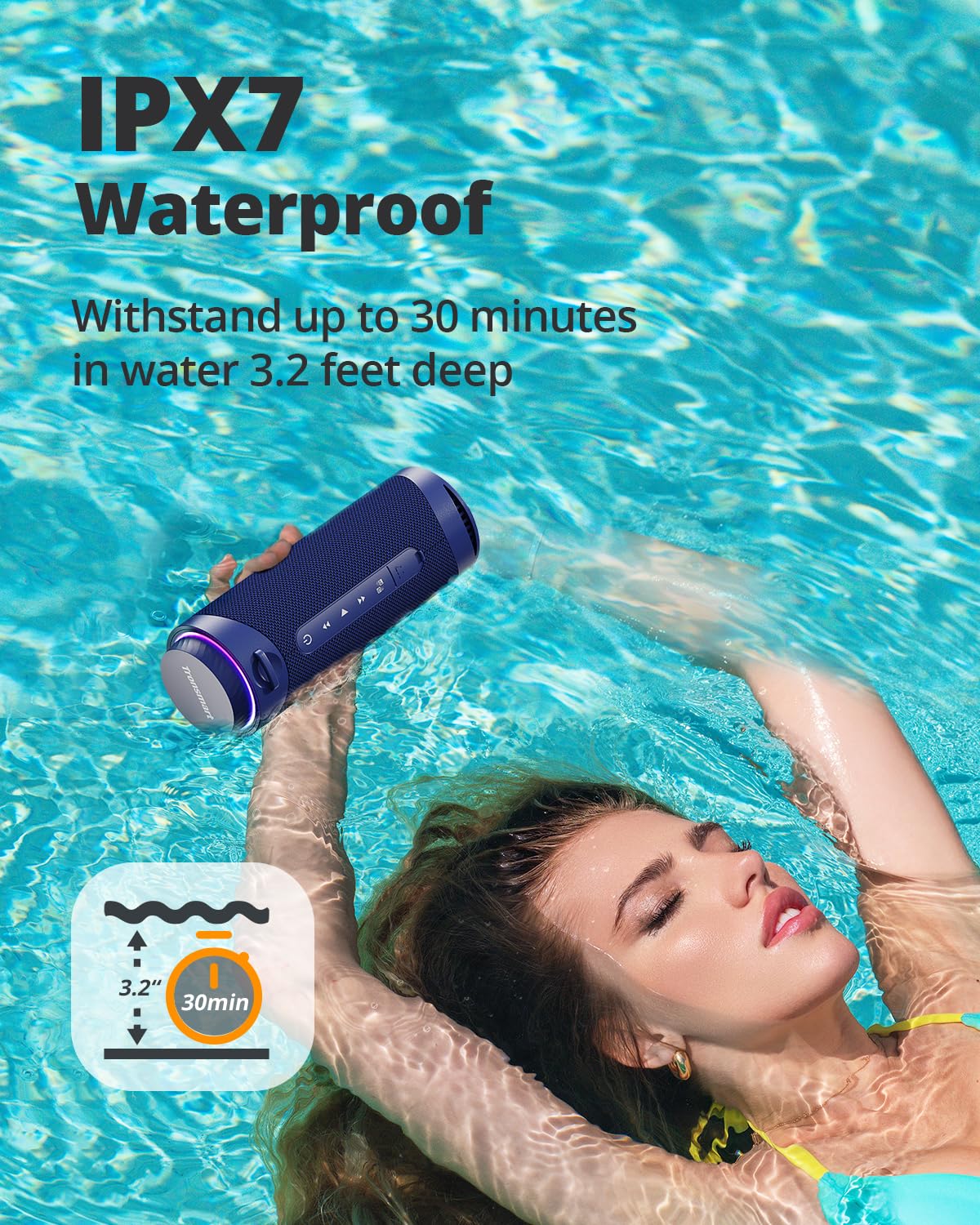 Tronsmart T7 Portable Bluetooth Speakers with 30W 360°Surround Sound, Bluetooth 5.3, Enhanced Bass, Wireless Stereo Pairing, Custom EQ via APP, IPX7 Waterproof Speaker for Party, Home, Outdoor(Blue)